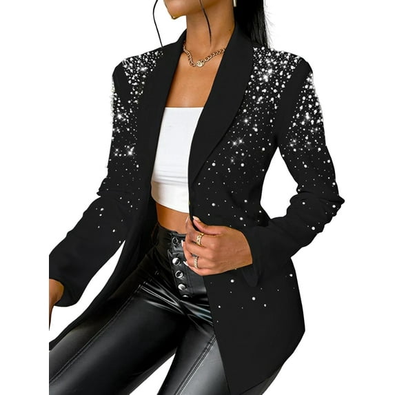 Women'S Business Blazer, Long Sleeve Open Front Suit Jacket, Rhinestone Button Down Coat, Office Work Wear Black L