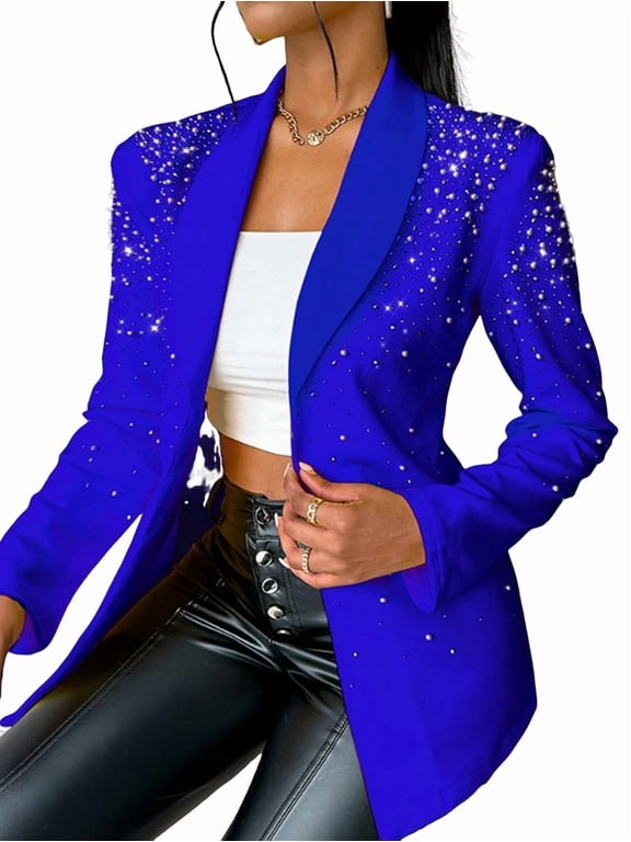 Women'S Business Blazer, Long Sleeve Open Front Suit Jacket, Rhinestone Button Down Coat, Office Work Wear Blue XL