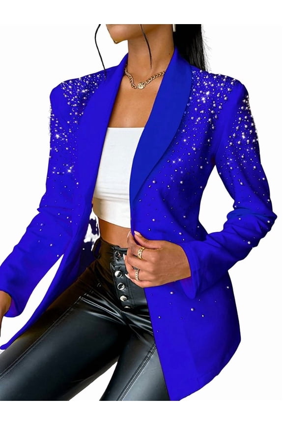 Women'S Business Blazer, Long Sleeve Open Front Suit Jacket, Rhinestone Button Down Coat, Office Work Wear Blue XL