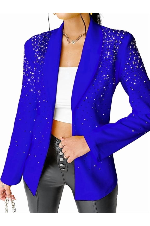 Women'S Business Blazer, Long Sleeve Open Front Suit Jacket, Rhinestone Button Down Coat, Office Work Wear Blue XXL