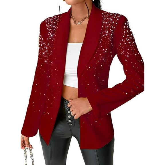 Women'S Business Blazer, Long Sleeve Open Front Suit Jacket, Rhinestone Button Down Coat, Office Work Wear Wine Red XL
