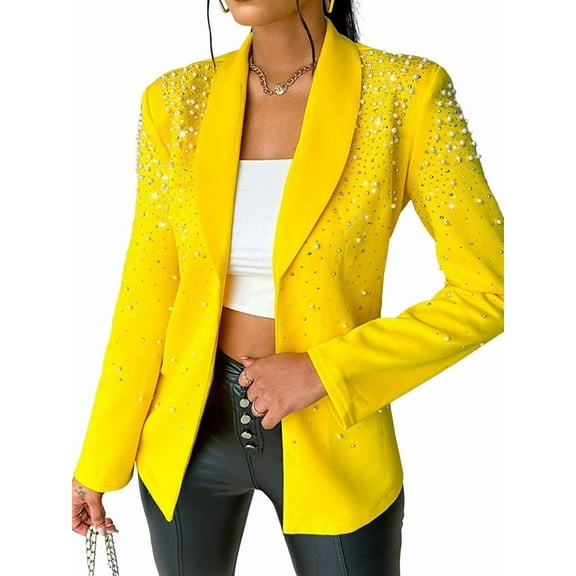 Women'S Business Blazer, Long Sleeve Open Front Suit Jacket, Rhinestone Button Down Coat, Office Work Wear Yellow L