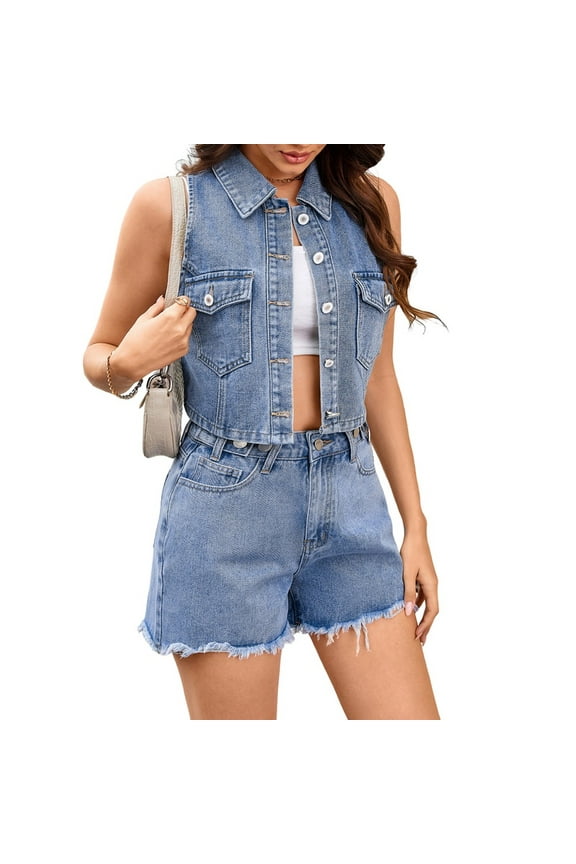 Women'S Business Casual Outfits 2 Piece Denim Set Sleeveless -Vest & Short Set Jeans Two Piece Outfits Blue L