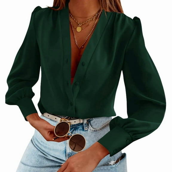 Women'S Business Casual Tops Summer Long Sleeve Button Down Shirts V Neck Chiffon Blouses Green S