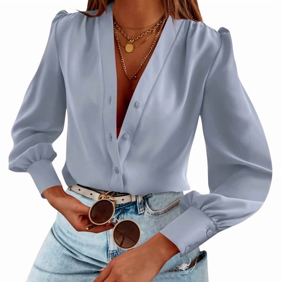 Women'S Business Casual Tops Summer Long Sleeve Button Down Shirts V Neck Chiffon Blouses Light Grey S