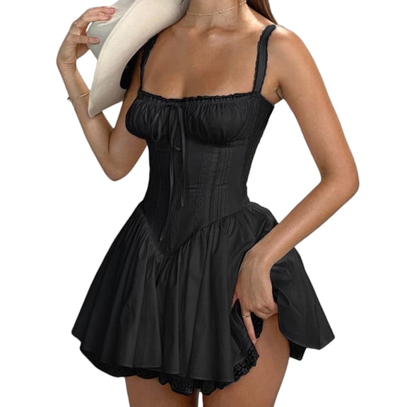 Women'S Bustier Dress Lace Trim Elegant Ballet Corset Top Waist Defining A-Line Skirt Dress Black L