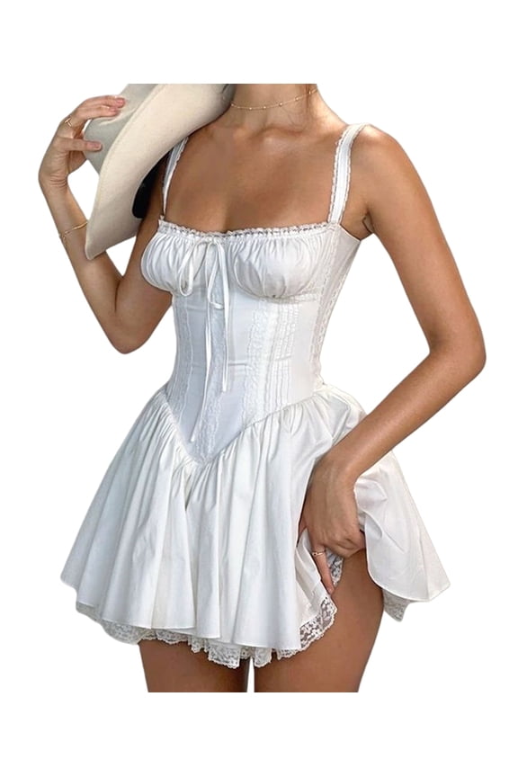 Women'S Bustier Dress Lace Trim Elegant Ballet Corset Top Waist Defining A-Line Skirt Dress White L