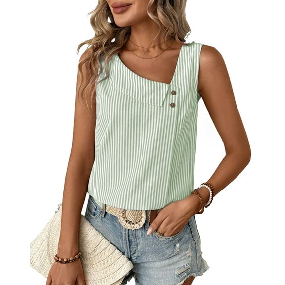 Women'S Button Asymmetrical V Neck Striped Print Blouses Casual Sleeveless Tank Top Summer Shirt Tops Light Green XL