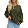 thumbnail image 1 of Women'S Button Crew Neck Sweater Fall Long Sleeve Henley Shirts Trendy Loose Knit Pullover Tops Army Green XXL, 1 of 8
