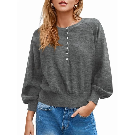 Women'S Button Crew Neck Sweater Fall Long Sleeve Henley Shirts Trendy Loose Knit Pullover Tops Grey M