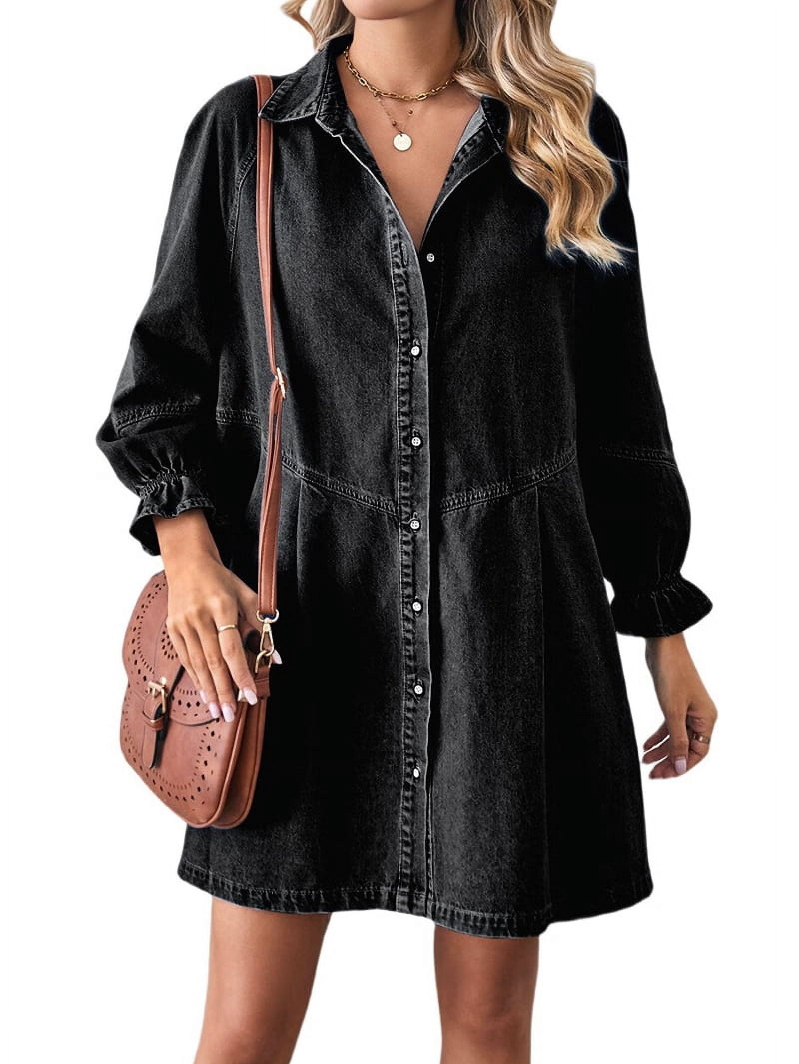 Women'S Button Down Denim Shirt Dress Lantern Long Sleeve Tiered — free download