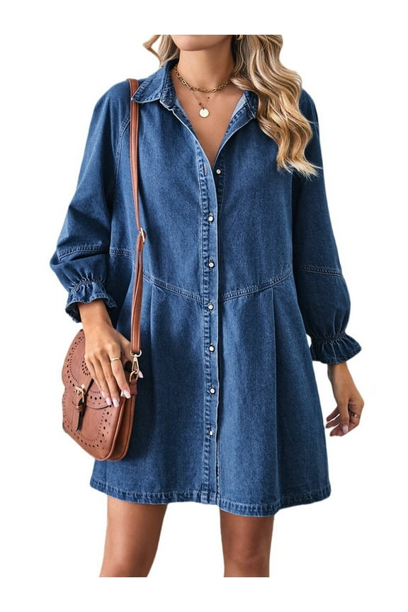 Women'S Button Down Denim Shirt Dress Lantern Long Sleeve Tiered Baydoll Jean Mini Dress  L