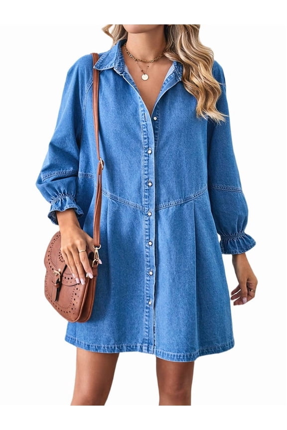 Women'S Button Down Denim Shirt Dress Lantern Long Sleeve Tiered Baydoll Jean Mini Dress Light Blue S