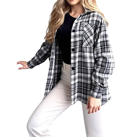 Women'S Button Down Flannel Shirts Plaid Shacket Long Sleeve Collared Business Casual Tops Work Blouses Light Gray L