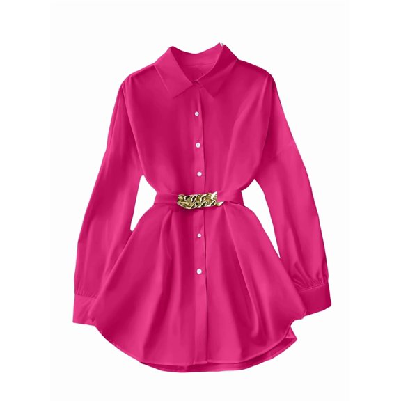 Women'S Button Down Long Sleeve Blouse Metal Cinch Wasit Bow-Tie Back Office Work Shirt Top Rose Red S