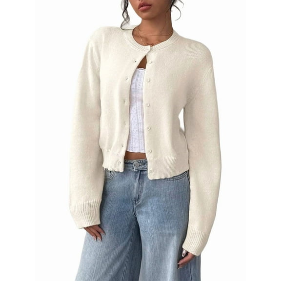 Women'S Button Down Long Sleeve Crewneck Crop Cardigan Sweater Cute Knitwear Clothes Beige Apricot S