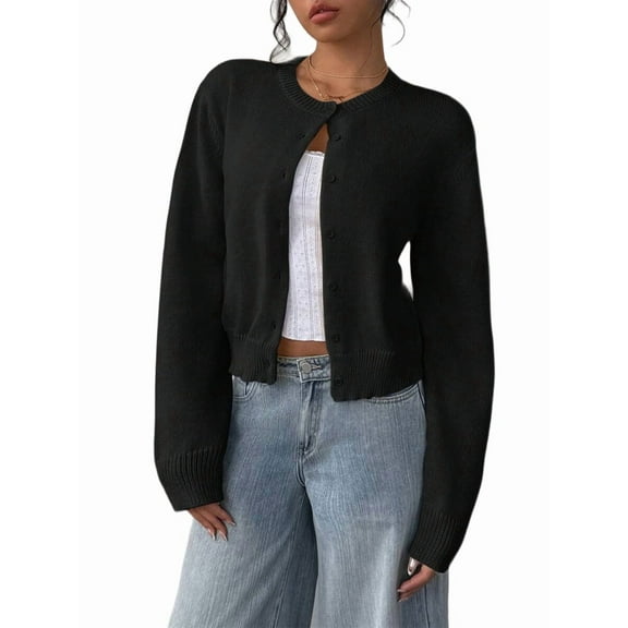 Women'S Button Down Long Sleeve Crewneck Crop Cardigan Sweater Cute Knitwear Clothes Black L