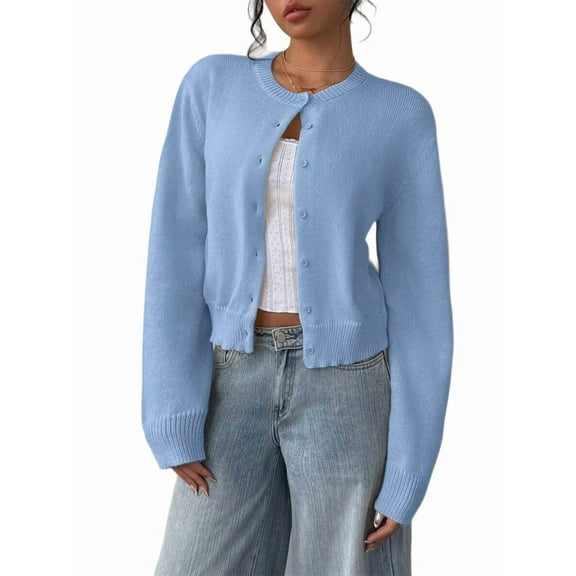 Women'S Button Down Long Sleeve Crewneck Crop Cardigan Sweater Cute Knitwear Clothes Blue M