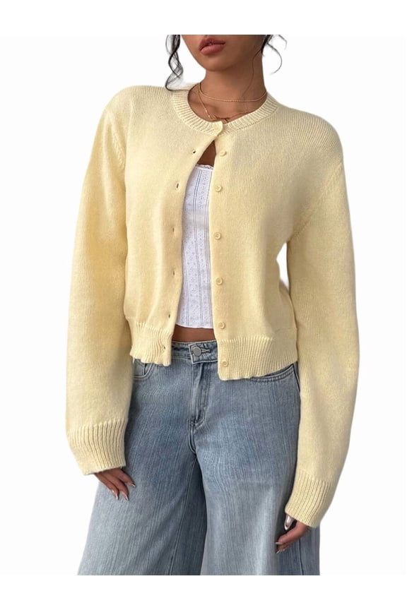 Women'S Button Down Long Sleeve Crewneck Crop Cardigan Sweater Cute Knitwear Clothes Yellow S