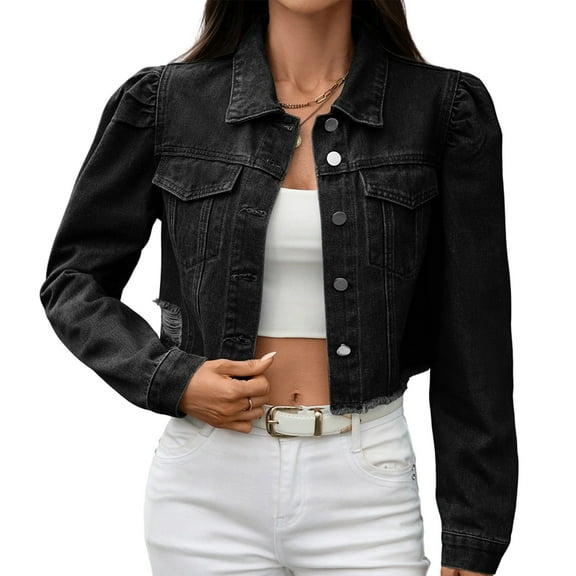 Women'S Button Down Long Sleeve Cropped Denim Jean Jacket with Pockets Black Grey M