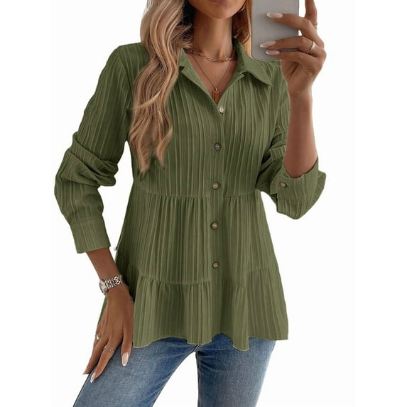 Women'S Button Down Peplum Blouse Long Sleeve Collared Loose Fit Shirts Textured Top Green XL