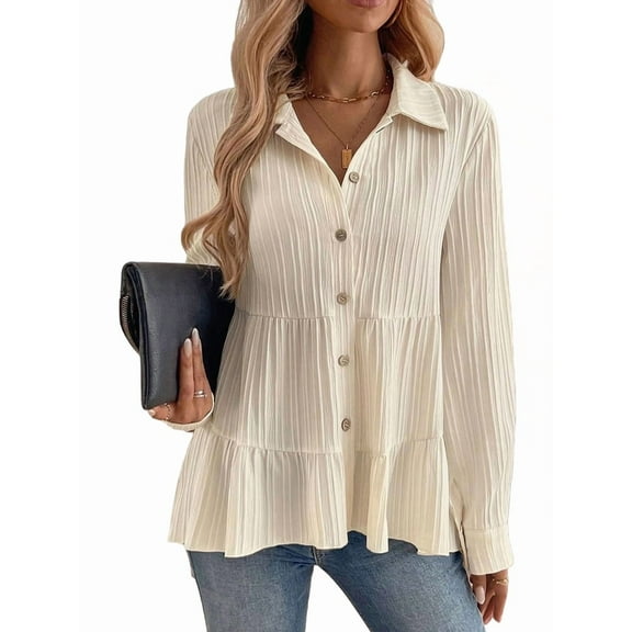 Women'S Button Down Peplum Blouse Long Sleeve Collared Loose Fit Shirts Textured Top White L