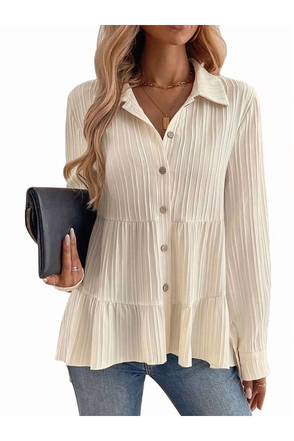 Women'S Button Down Peplum Blouse Long Sleeve Collared Loose Fit Shirts Textured Top White S