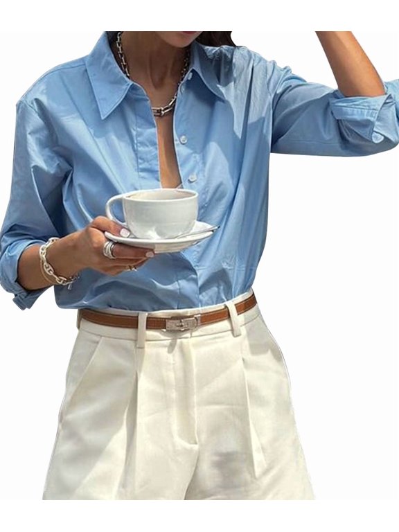 Women'S Button Down Shirt Classic Long Sleeve Collared Tops Work Office Chiffon Blouse Blue M