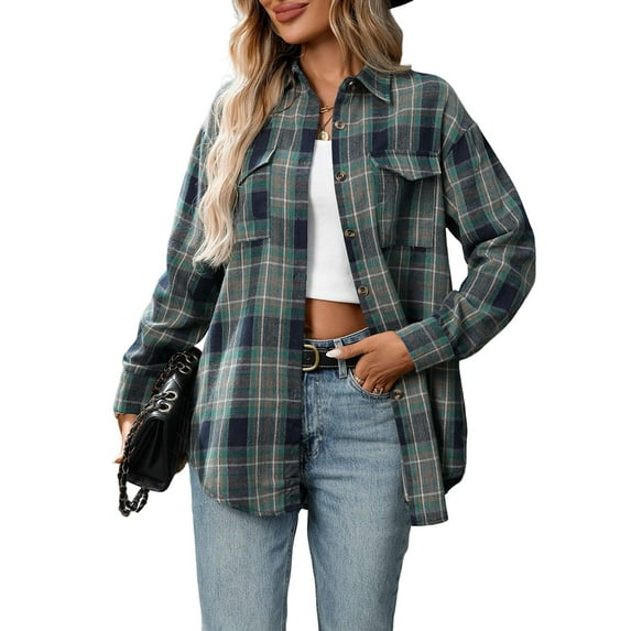 Women'S Button Down Shirt Plaid Shirt Long Sleeve Lapel Business Casual Tops Work Shirt Blue & Green XL