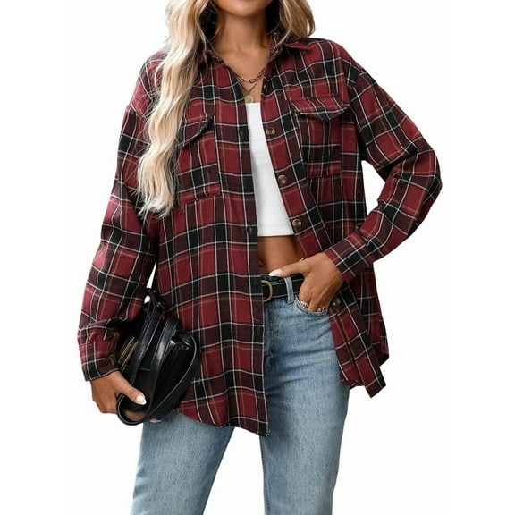 Women'S Button Down Shirt Plaid Shirt Long Sleeve Lapel Business Casual Tops Work Shirt Deep Wine Red XXL