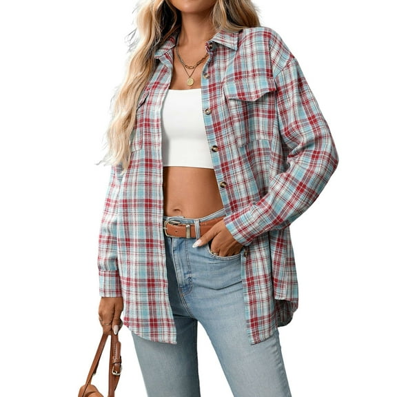 Women'S Button Down Shirt Plaid Shirt Long Sleeve Lapel Business Casual Tops Work Shirt Red & Blue M