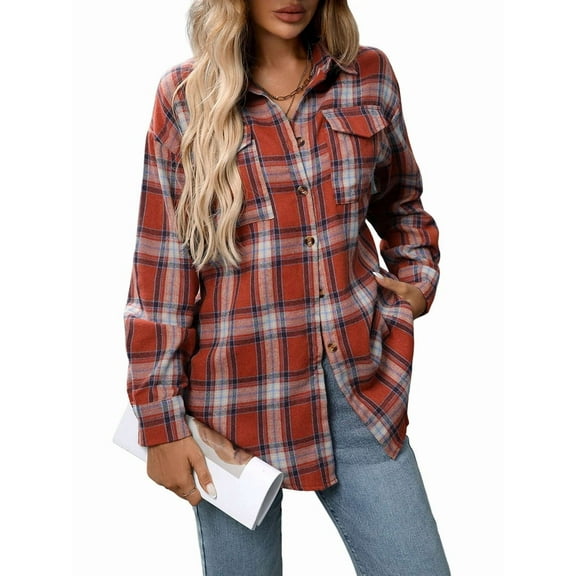 Women'S Button Down Shirt Plaid Shirt Long Sleeve Lapel Business Casual Tops Work Shirt Red XL