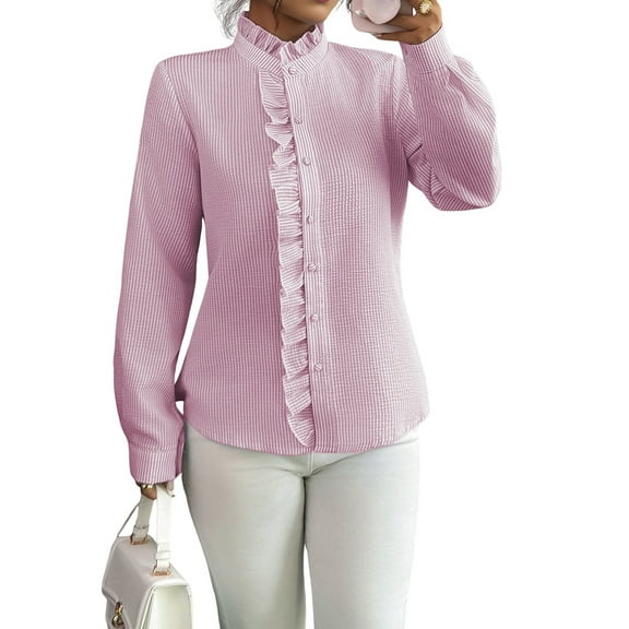 Women'S Button Down Shirt Stand Collar Ruffle Top Striped Long Sleeve Shirts Work Tops for Women Trendy Pink L