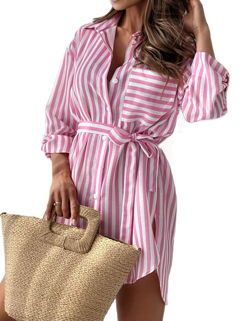 Women'S Button Down Shirts Casual Long Sleeve Boyfriend Loose Collared Blouses Tops Pink  L