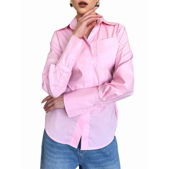 Women'S Button Down Shirts Long Sleeve Dress Shirts Collared Work Office Solid Blouses Corset Tops Pink S