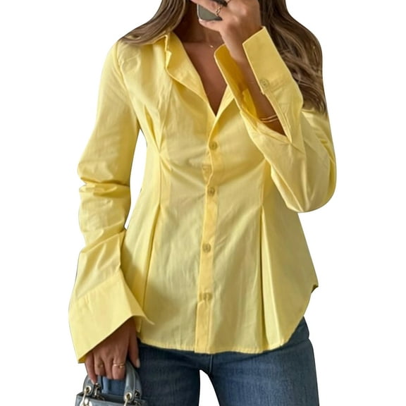 Women'S Button Down Shirts Long Sleeve Dress Shirts Wrinkle Free Collared Work Office Solid Blouses Corset Tops Yellow M