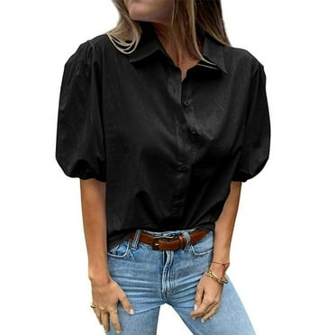 Women'S Button Down Shirts Short Puff Sleeve Collared Dressy Casual Blouse Tops Black XL