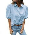 thumbnail image 1 of Women'S Button Down Shirts Short Puff Sleeve Collared Dressy Casual Blouse Tops Sky Blue M, 1 of 8