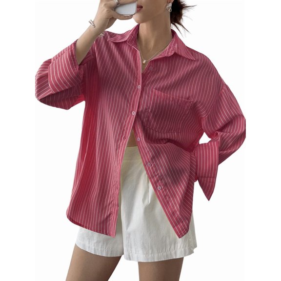 Women'S Button-Down Shirts, Striped Formal Shirts, Long Sleeves, Lapels, Office Work Shirts, Tops Big Red M