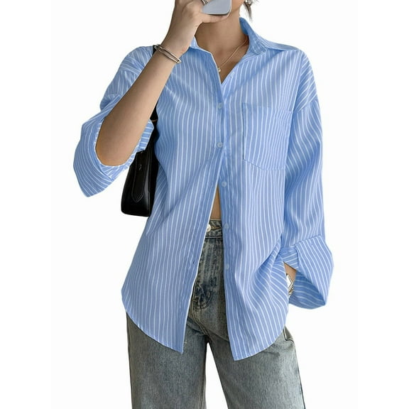 Women'S Button-Down Shirts, Striped Formal Shirts, Long Sleeves, Lapels, Office Work Shirts, Tops Sky Blue L