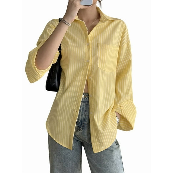Women'S Button-Down Shirts, Striped Formal Shirts, Long Sleeves, Lapels, Office Work Shirts, Tops Yellow L