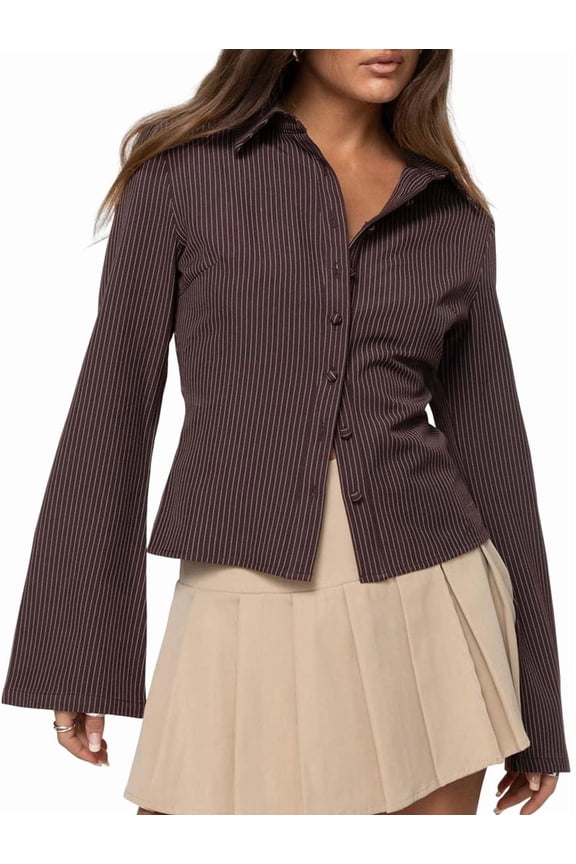Women'S Button Down Shirts Striped Long Sleeve Collared Casual Work Blouses Tops Trendy Outfits Dark Brown L