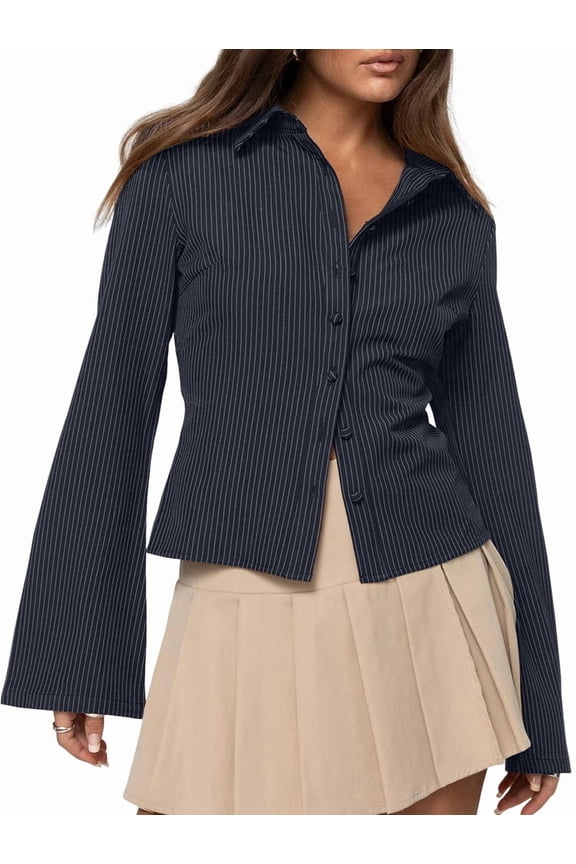 Women'S Button Down Shirts Striped Long Sleeve Collared Casual Work Blouses Tops Trendy Outfits Navy Blue L