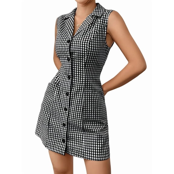 Women'S Button Down Short Dresses Sleeveless A Line Shirt Dress with Pocket Black Grid XL