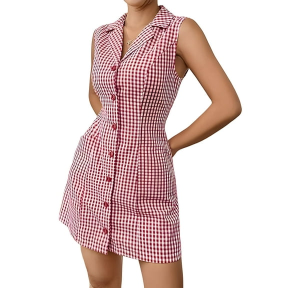 Women'S Button Down Short Dresses Sleeveless A Line Shirt Dress with Pocket Red Grid XS