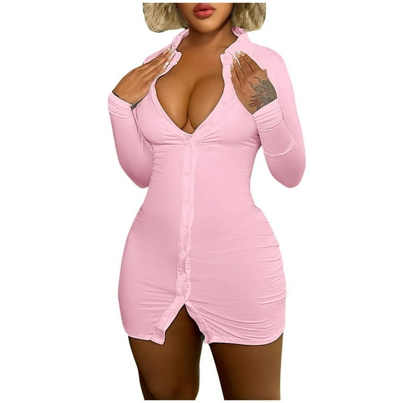 Women's Button Down Solid Color Fashion Shirt Long Sleeved V Neck Stretchy Fitted Night Out Party Bodycon Dresses