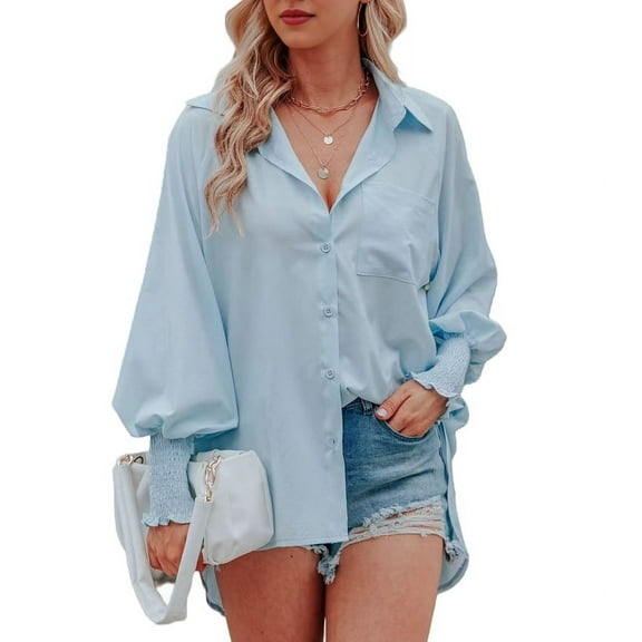 Women'S Button Down Striped Shirts Collared Puff Long Sleeve Oversized Smocked Blouses with Pocket Sky Blue S