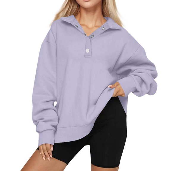 Women'S Button-Down Sweatshirts, Brushed Fleece Loose Fit Pullover, Casual Long Sleeve V Neck Top, Stylish Comfort Apparel Wrm Fashion Blanket Jacket Hoodie Outfits (M, Light Purple) ZMTing