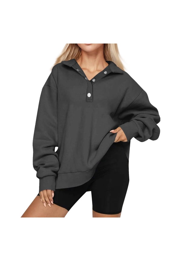 Women'S Button-Down Sweatshirts, Brushed Fleece Loose Fit Pullover, Casual Long Sleeve V Neck Top, Stylish Comfort Apparel Wrm Grandpa Sweater Half Zip Pullover Hoodie (M, Dark Gray) ZMTing