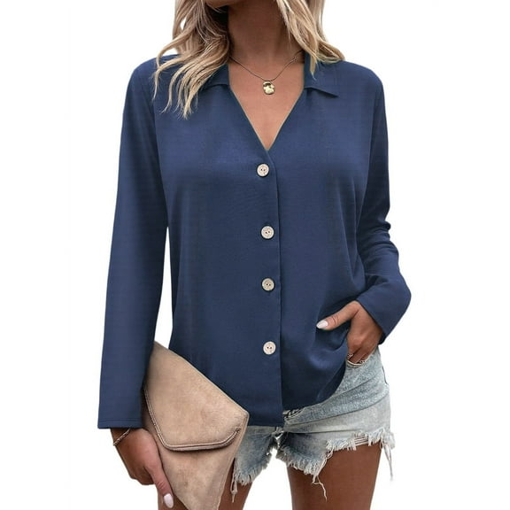 Women'S Button Down T Shirts 3/4 Sleeve V Neck Tops Casual Summer Ladies Tees Blue L